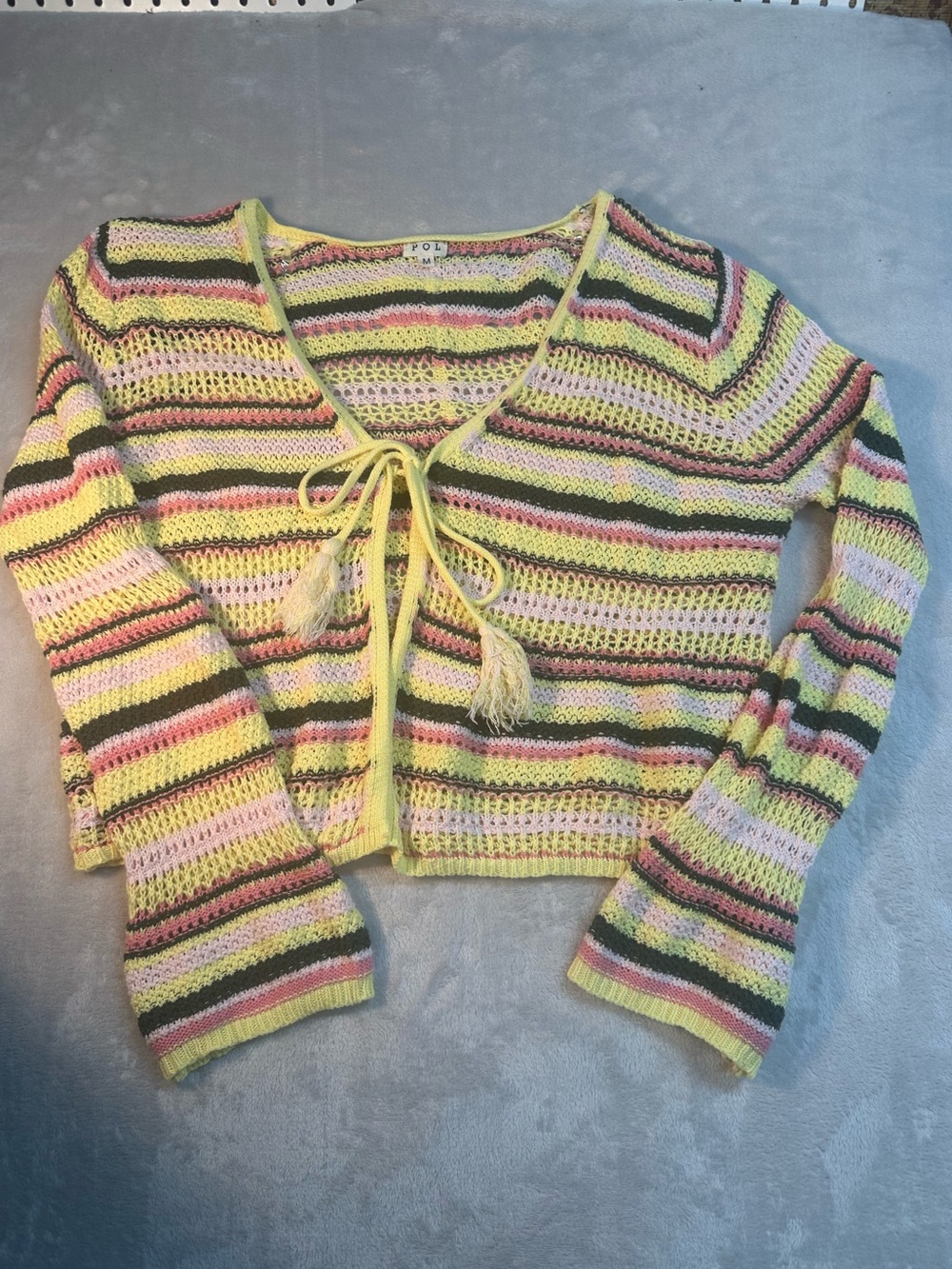 POL Striped Open-Knit Tie-Front Cardigan in Yellow, Pink, Black